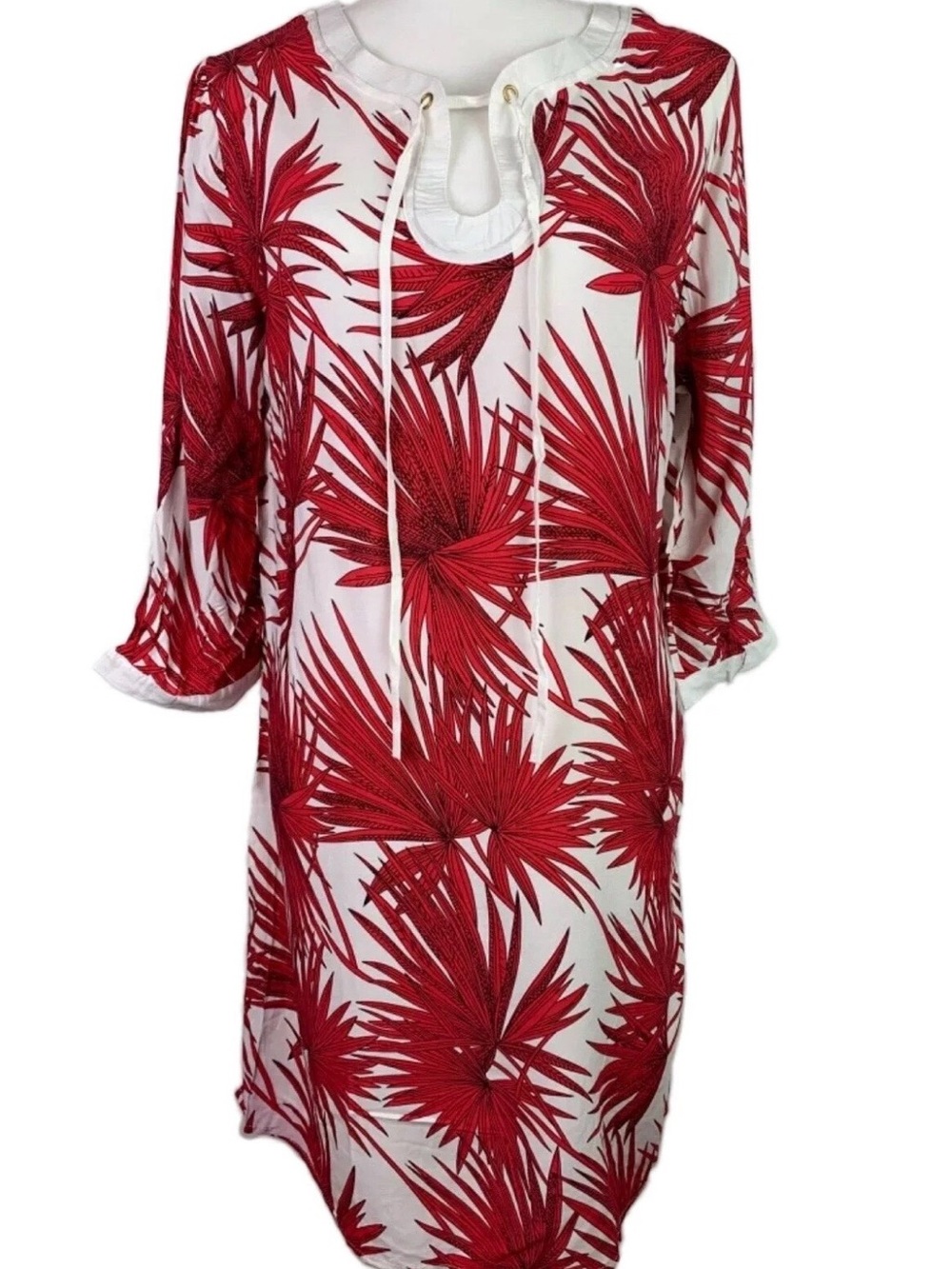 La Reyna Women's Size Large Tunic Shift Dress White with Red Leaves 3/4 Sleeve